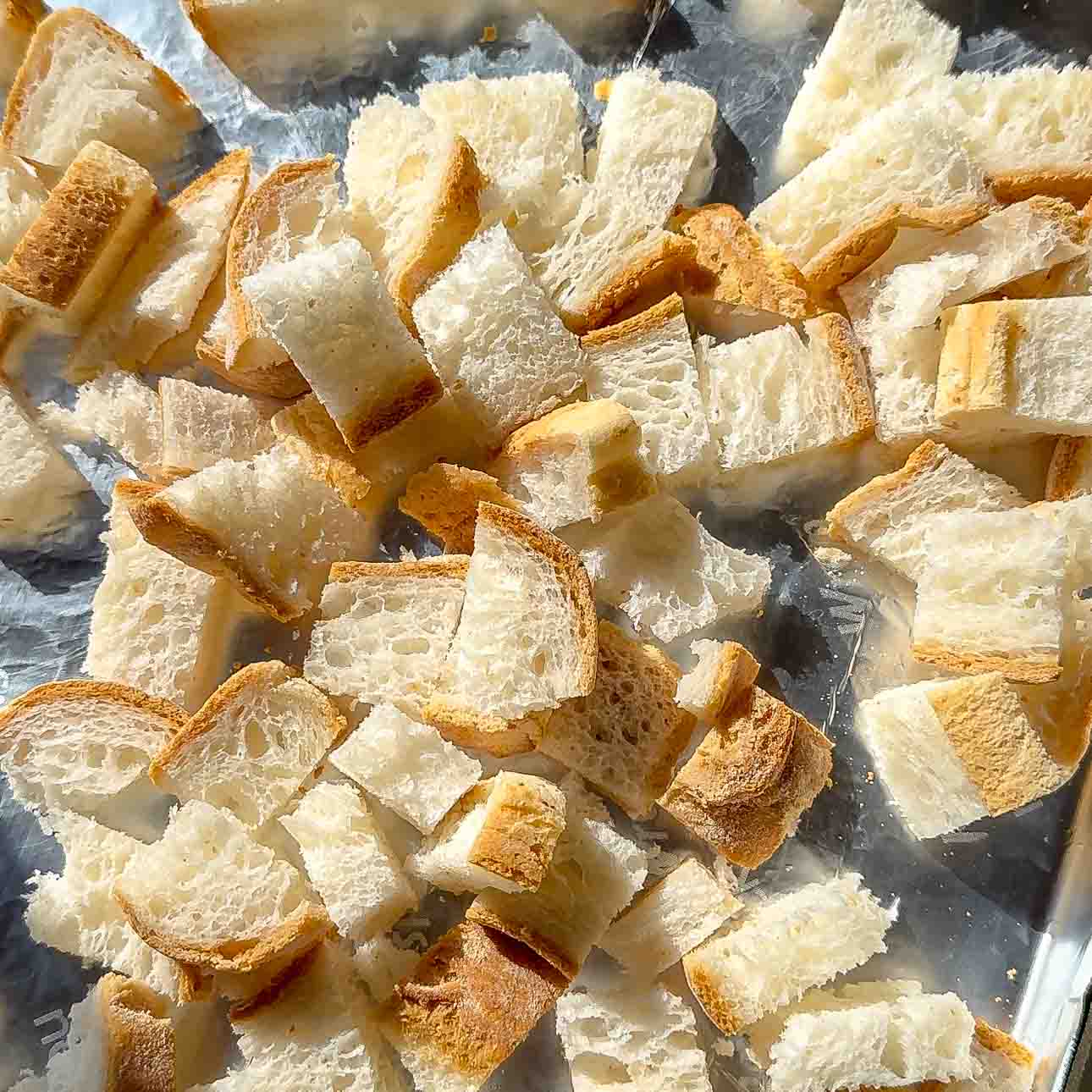pan of toasted bread cubes for stuffing
